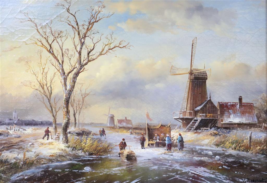 V* Beaumont (20th century Dutch School), Winter canal scene with figures skating and a windmill and companion piece,